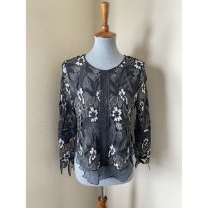 Karina Grimaldi Women's Size Small Black Gray Floral Lace Sheer Blouse